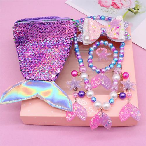 Plastic Children Jewelry Set, with Cloth, Mermaid tail, Girl & different styles for choice, hair clip length 5cm, necklace length 45cm, bracelet length 15cm, Sold By Set
