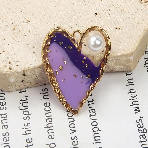 Brass Pendant, with Dried Flower & Resin & Plastic Pearl, Heart, plated, DIY & gold foil, mixed colors, 29.20x6.85x38.26mm, Sold By PC