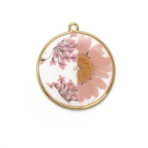 Brass Pendant, with Dried Flower & Resin & Plastic Pearl, Round, plated, DIY, mixed colors, 29.44x2.77x32.73mm, Sold By PC