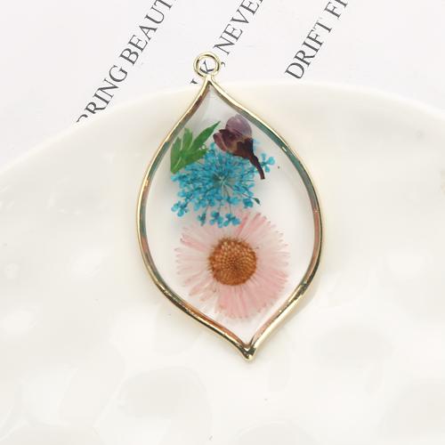 Brass Pendant, with Dried Flower & Resin, plated, DIY, mixed colors, nickel, lead & cadmium free, 30.85x3.62x51.31mm, Sold By PC