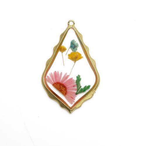 Brass Pendant, with Dried Flower & Resin, plated, DIY, mixed colors, nickel, lead & cadmium free, 29.67x2.80x47.77mm, Sold By PC