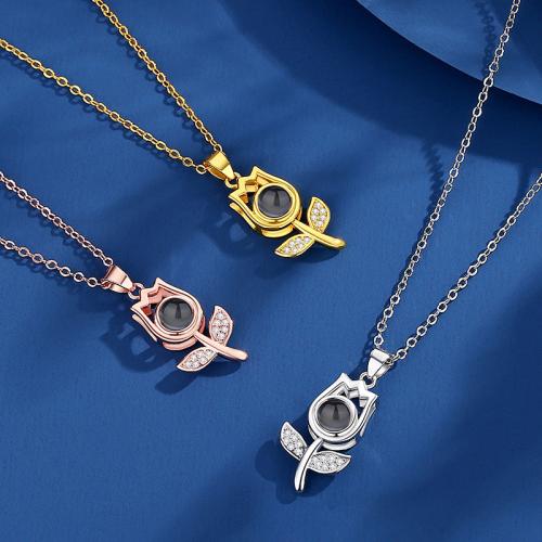 Brass Miniature Projection Necklace, with Glass, Rose, plated, fashion jewelry & with rhinestone, more colors for choice, nickel, lead & cadmium free, 28x12mm, Sold By PC