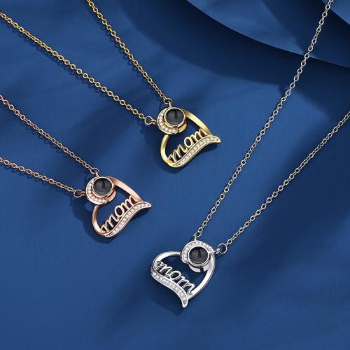 Brass Miniature Projection Necklace, with Glass, Heart, plated, fashion jewelry & with rhinestone, more colors for choice, nickel, lead & cadmium free, 20x18mm, Length:40 cm, Sold By PC
