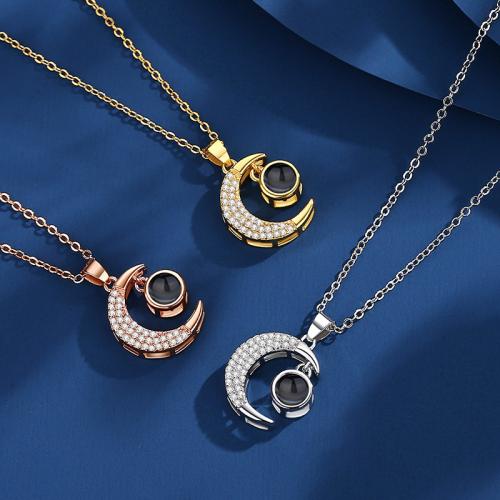 Brass Miniature Projection Necklace, with Glass, Moon, plated, fashion jewelry & micro pave cubic zirconia, more colors for choice, nickel, lead & cadmium free, 15x20mm, Sold By PC