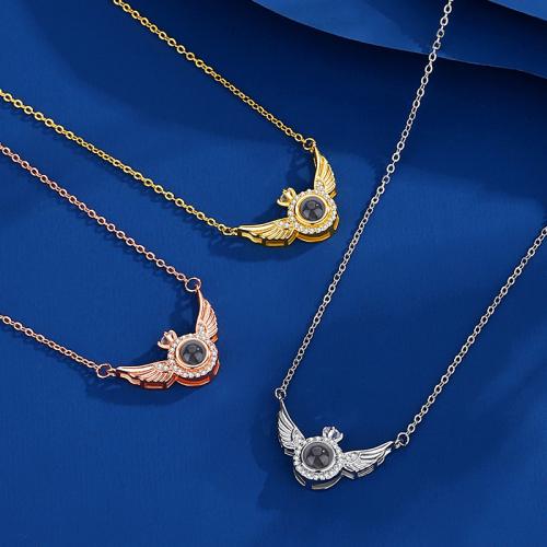 Brass Miniature Projection Necklace, with Glass, Angel Wing, plated, fashion jewelry & with rhinestone, more colors for choice, nickel, lead & cadmium free, 23x13mm, Sold By PC