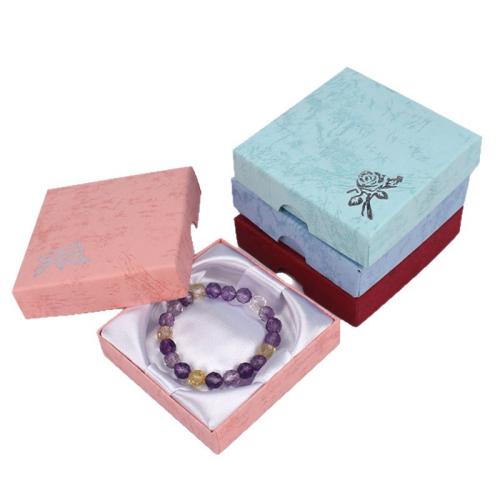 Paper Gift Box, with Satin & Sponge, Square, hot stamping, with flower pattern, more colors for choice, 90x90x20mm, Sold By PC