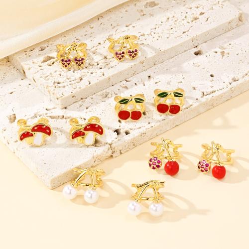 Cubic Zirconia Micro Pave Brass Earring, with Plastic Pearl, plated, fashion jewelry & micro pave cubic zirconia & enamel, more colors for choice, Sold By Pair