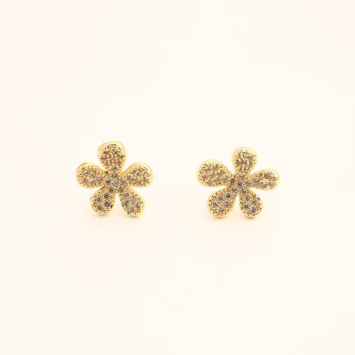 Cubic Zirconia Micro Pave Brass Earring, Flower, fashion jewelry & micro pave cubic zirconia & for woman, golden, 12x12x14mm, Sold By Pair