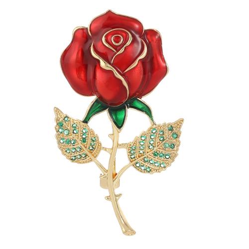 Enamel Brooch, Brass, Rose, plated, for woman & with rhinestone, golden, Sold By PC