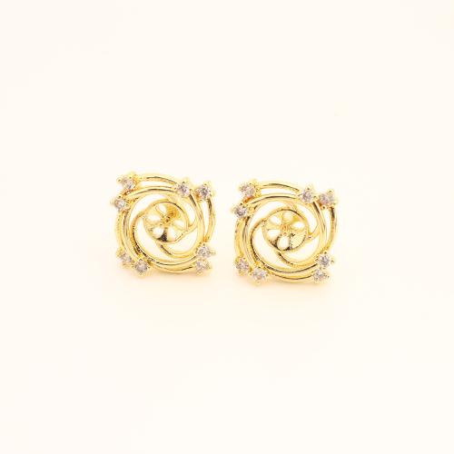 Brass Earring Stud Component, DIY & micro pave cubic zirconia & hollow, more colors for choice, 12x12x14mm, Sold By Pair