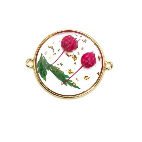 Brass Connector, with Dried Flower & Resin, Round, plated, DIY & gold foil, mixed colors, nickel, lead & cadmium free, 36.05x6.35x29.12mm, Sold By PC