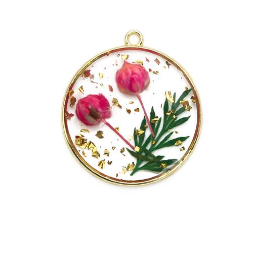 Brass Pendant, with Dried Flower & Resin, Round, plated, DIY & gold foil, mixed colors, nickel, lead & cadmium free, 29.65x3.92x30.31mm, Sold By PC