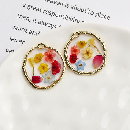 Brass Pendant, with Dried Flower & Resin, plated, DIY, mixed colors, nickel, lead & cadmium free, 30.30x2.82x33.75mm, Sold By Pair