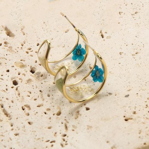 Brass Stud Earring, with Dried Flower & Resin, plated, fashion jewelry, mixed colors, nickel, lead & cadmium free, 22.49x11.46x30.45mm, Sold By Pair