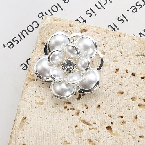 Brass Stud Earring, with Plastic, Flower, plated, fashion jewelry & with rhinestone, silver color, nickel, lead & cadmium free, 21.82x8.54x21.35mm, Sold By Pair