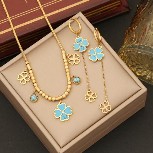 304 Stainless Steel Jewelry Set, with Turquoise, Four Leaf Clover, gold color plated, different styles for choice & for woman, Sold By PC