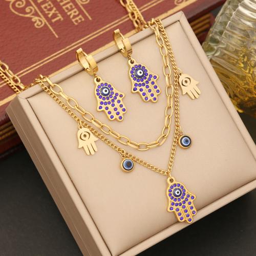 304 Stainless Steel Jewelry Set, Hamsa, gold color plated, different styles for choice & for woman & enamel & with rhinestone, Sold By PC