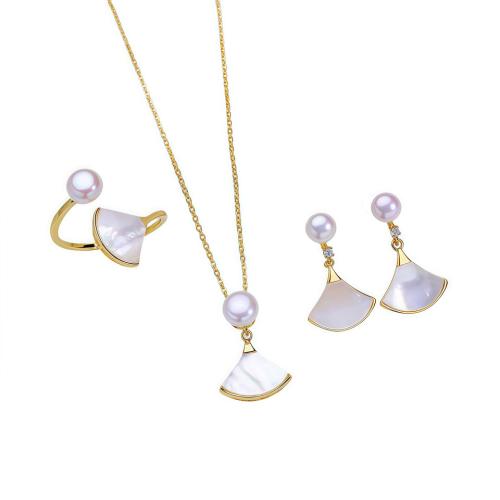 Natural Cultured Freshwater Pearl Jewelry Sets, Brass, with White Lip Shell & Freshwater Pearl, gold color plated, three pieces & fashion jewelry & with rhinestone, more colors for choice, nickel, lead & cadmium free, 150x120x50mm, Sold By Set
