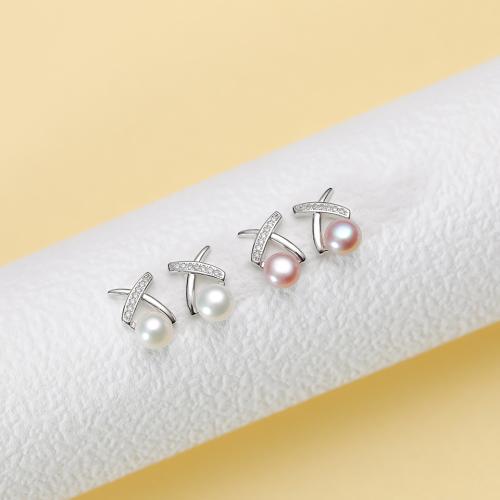 Freshwater Pearl Earrings, Brass, with Freshwater Pearl, silver color plated, fashion jewelry & with rhinestone, more colors for choice, nickel, lead & cadmium free, 6x6mm, Sold By Pair