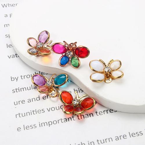 Brass Stud Earring, with Glass, Butterfly, plated, fashion jewelry & with rhinestone, more colors for choice, nickel, lead & cadmium free, 22.70x5.35x16.37mm, Sold By Pair
