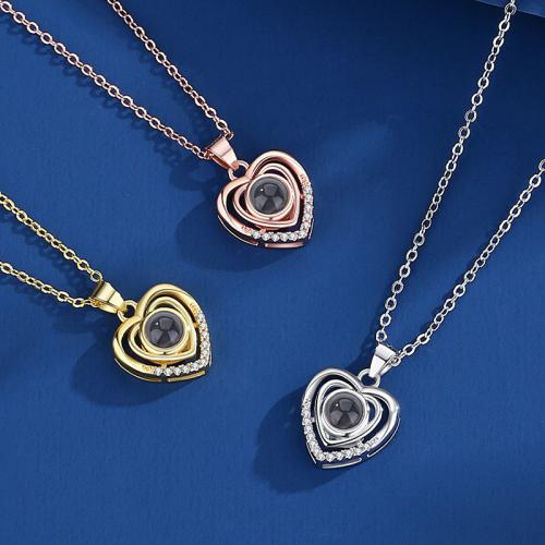 Brass Miniature Projection Necklace, with Glass, Heart, plated, fashion jewelry & with rhinestone, more colors for choice, nickel, lead & cadmium free, 18.50x14.30mm, Length:Approx 40 cm, Sold By PC