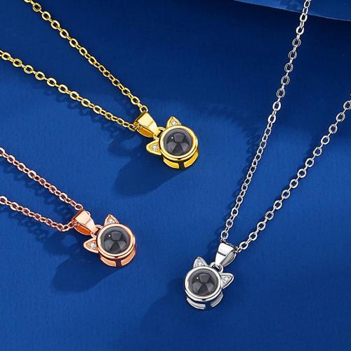 Brass Miniature Projection Necklace, with Glass, Cat, plated, fashion jewelry & with rhinestone, more colors for choice, nickel, lead & cadmium free, 13x9mm, Length:Approx 40 cm, Sold By PC