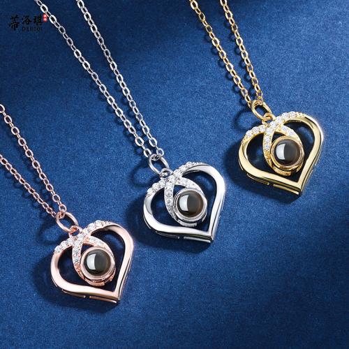 Brass Miniature Projection Necklace, with Glass, Heart, plated, fashion jewelry & with rhinestone, more colors for choice, nickel, lead & cadmium free, 20x14mm, Length:Approx 40 cm, Sold By PC