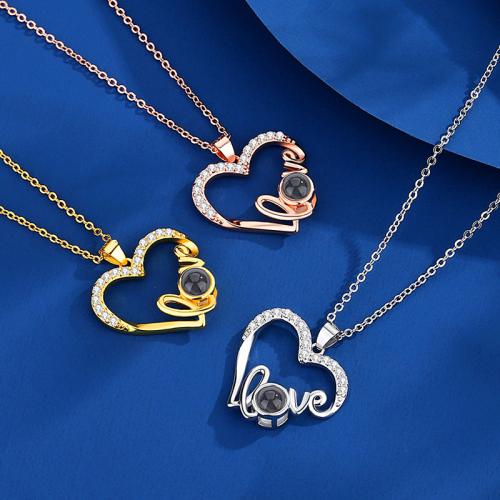 Brass Miniature Projection Necklace, with Glass, Heart, plated, fashion jewelry & with rhinestone, more colors for choice, nickel, lead & cadmium free, 20x20mm, Length:Approx 40 cm, Sold By PC