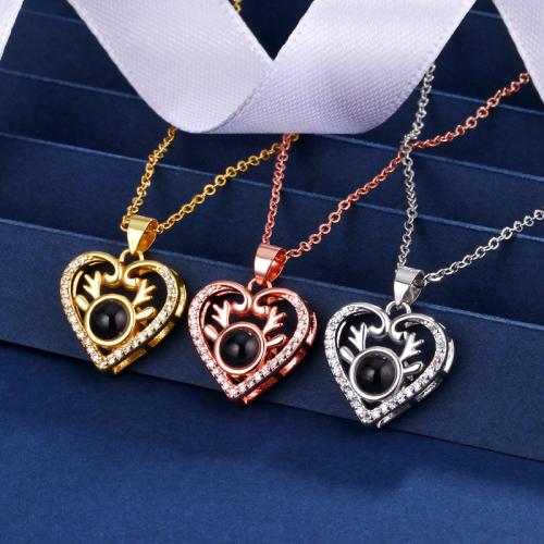 Brass Miniature Projection Necklace, with Glass, Heart, plated, fashion jewelry & with rhinestone, more colors for choice, nickel, lead & cadmium free, 20x13.80mm, Length:Approx 40 cm, Sold By PC
