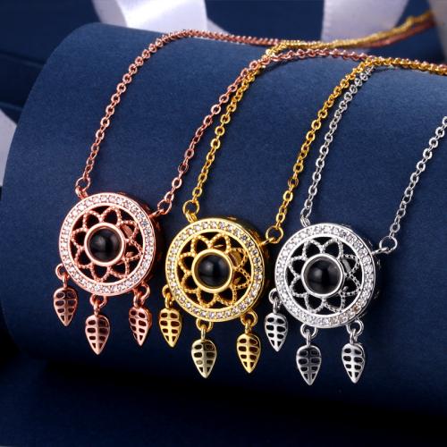 Brass Miniature Projection Necklace, with Glass, plated, fashion jewelry & micro pave cubic zirconia, more colors for choice, nickel, lead & cadmium free, 28x14mm, Length:Approx 40 cm, Sold By PC