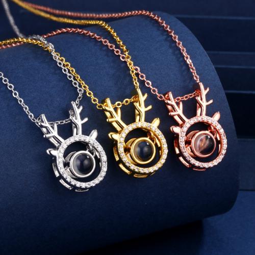 Brass Miniature Projection Necklace, with Glass, Antlers, plated, fashion jewelry & with rhinestone, more colors for choice, nickel, lead & cadmium free, 17x12mm, Length:Approx 40 cm, Sold By PC