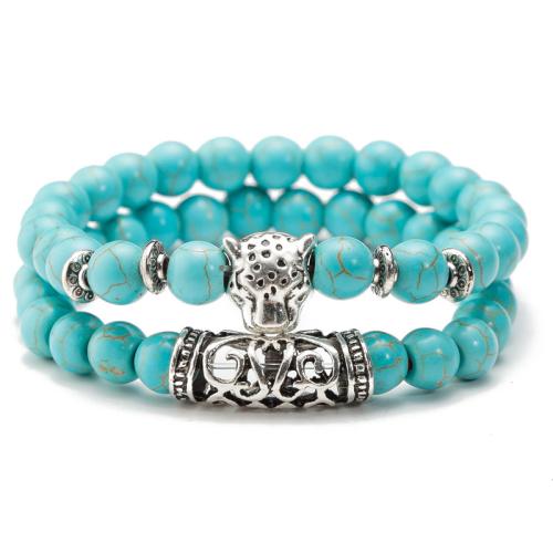 Piedras preciosas Pulsera, con aleación de zinc, con 2inch extender cadena, Leopardo, diferentes materiales para la opción & unisexo, beads length 8mm, longitud:aproximado 7.5 Inch, Vendido por Set