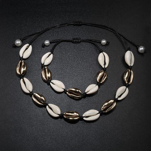 coquille Collier et bracelet, avec cordon de polyester & perle de plastique & alliage de zinc, 2 pièces & pour femme, plus de couleurs à choisir, necklace length 47.2inch, bracelet length 6-10inch, Vendu par fixé