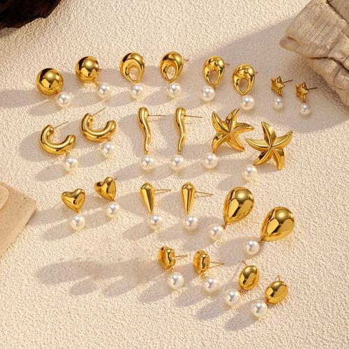 Stainless Steel Drop Earring, 304 Stainless Steel, with Plastic Pearl, plated, fashion jewelry & different styles for choice & for woman, golden, Sold By Pair