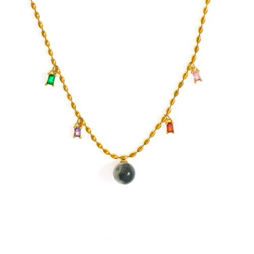 Titanium Steel Necklace, with Natural Stone, plated, fashion jewelry & micro pave cubic zirconia & for woman, golden, Sold By PC