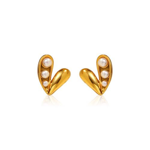 Stainless Steel Stud Earrings, 304 Stainless Steel, with Plastic Pearl, 18K gold plated, fashion jewelry & different styles for choice & for woman, Sold By Pair