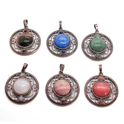 Gemstone Pendants Jewelry, Tibetan Style, with Gemstone, Round, plated, DIY & hollow, more colors for choice, 33mm, Sold By PC