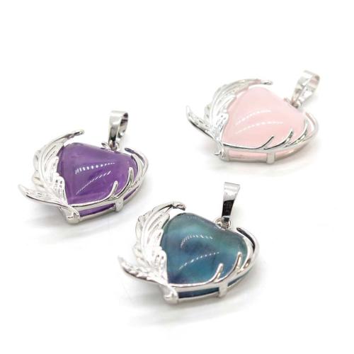 Gemstone Pendants Jewelry, Tibetan Style, with Gemstone, Heart, silver color plated, DIY, more colors for choice, 23x22mm, Sold By PC
