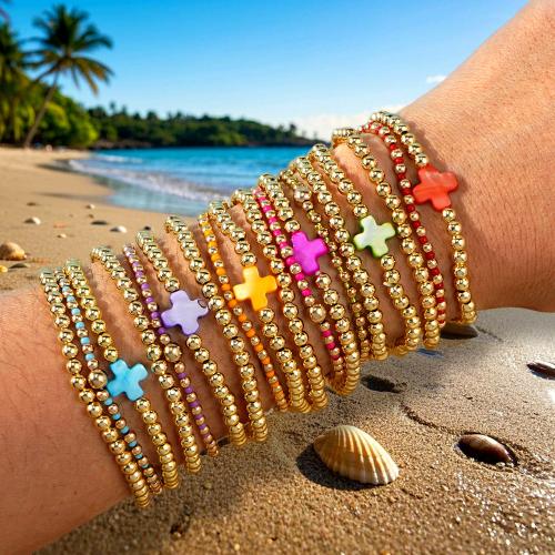 Brass Bracelet & Bangle, Shell, with Brass, gold color plated, fashion jewelry, more colors for choice, 3Strands/Set, Sold By Set