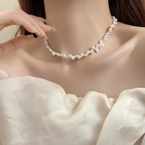 Natural Freshwater Pearl Necklace, with Titanium Steel, Baroque, gold color plated, fashion jewelry, more colors for choice, 5-6MM, Sold Per 42 cm Strand