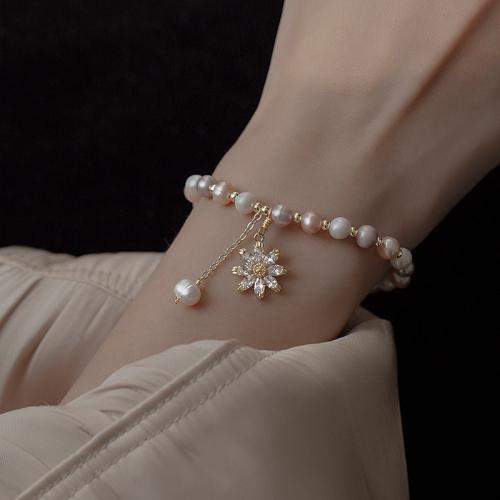 Freshwater Cultured Pearl Bracelet, Freshwater Pearl, with Tibetan Style, Baroque, gold color plated, fashion jewelry & micro pave cubic zirconia, more colors for choice, 7-8MM, Sold Per 18 cm Strand