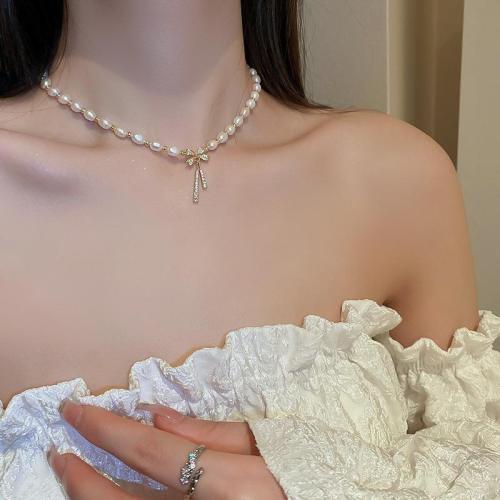 Natural Freshwater Pearl Necklace, Potato, gold color plated, fashion jewelry & micro pave cubic zirconia, more colors for choice, 5-7MM, Sold Per 42 cm Strand