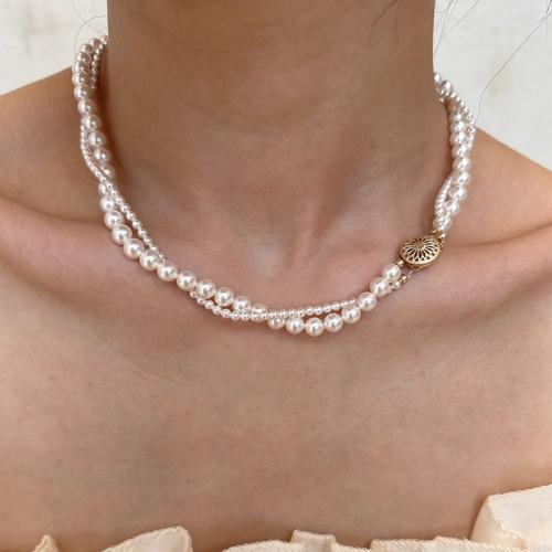 Glass Beads Necklaces, Glass Pearl, with Tibetan Style, Round, gold color plated, fashion jewelry, more colors for choice, 3-6 MM, Sold Per 50 cm Strand