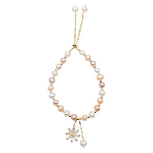 Freshwater Cultured Pearl Bracelet, Freshwater Pearl, with Tibetan Style, Round, gold color plated, fashion jewelry & micro pave cubic zirconia, more colors for choice, 6-7  MM, Sold Per 18 cm Strand