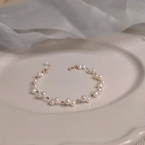 Freshwater Cultured Pearl Bracelet, Freshwater Pearl, with Copper Alloy, irregular, gold color plated, fashion jewelry, more colors for choice, 5-6MM, Sold Per 18 cm Strand