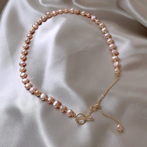 Natural Freshwater Pearl Necklace, with Titanium Steel, Baroque, gold color plated, fashion jewelry, pink, 6-7MM, Sold Per 42 cm Strand