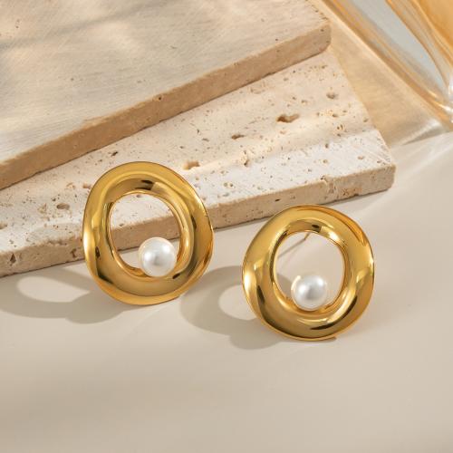 Stainless Steel Stud Earrings, 304 Stainless Steel, with Plastic Pearl, gold color plated, fashion jewelry & hollow, more colors for choice, Sold By Pair