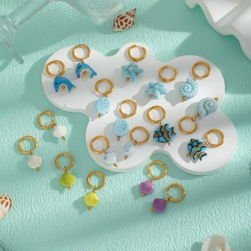 Shell Earrings, 304 Stainless Steel, with Shell, gold color plated, fashion jewelry & enamel, more colors for choice, Sold By Pair