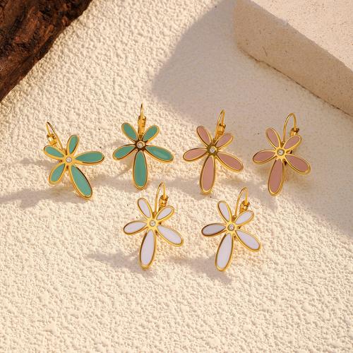 Stainless Steel Lever Back Earring, 304 Stainless Steel, Flower, gold color plated, for woman & enamel & with rhinestone, more colors for choice, Sold By Pair