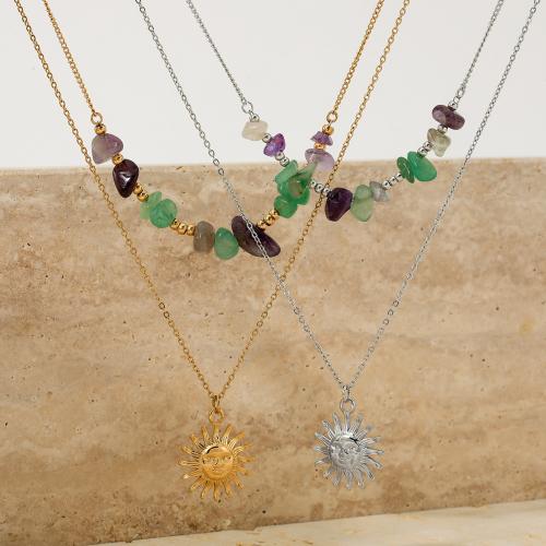 Stainless Steel Jewelry Necklace, 304 Stainless Steel, with Natural Stone, plated, Double Layer & fashion jewelry & for woman, more colors for choice, Sold By PC